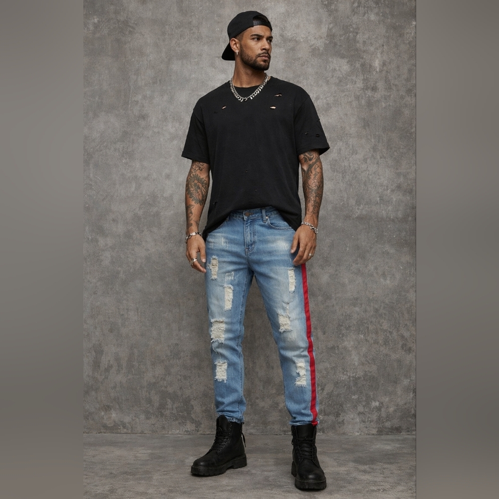 Men’s Distressed Blue Jeans Red Side Stripe Skinny Straight Fit Rip Repair | 36